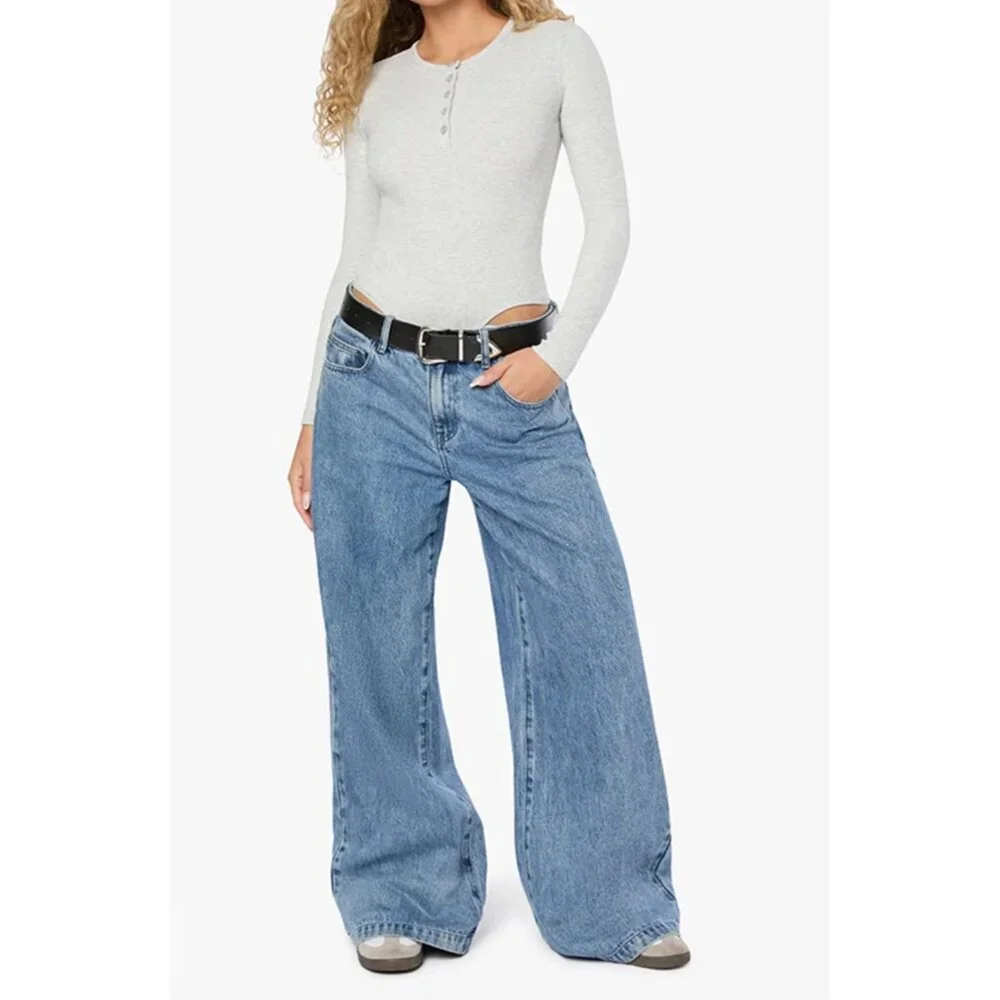 WeWoreWhat Womens Henley Bodysuit Gray Sz M Ribbed Long-Sleeve Comfy Stretch NWT - Picture 1 of 11